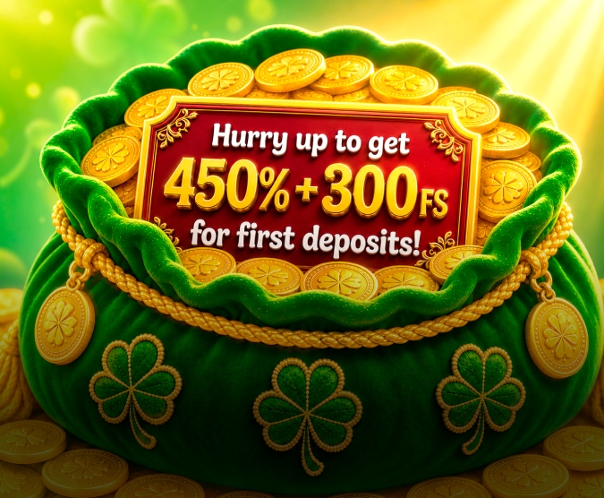 Patrick Spins welcome package artwork with a pot of gold coins