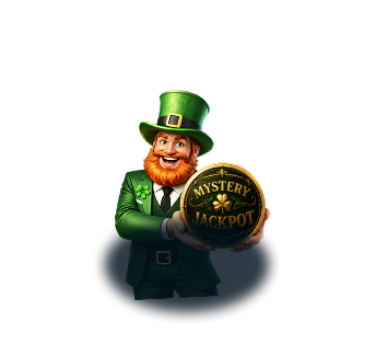Patrick Spins leprechaun mascot holding a Mystery Jackpot coin